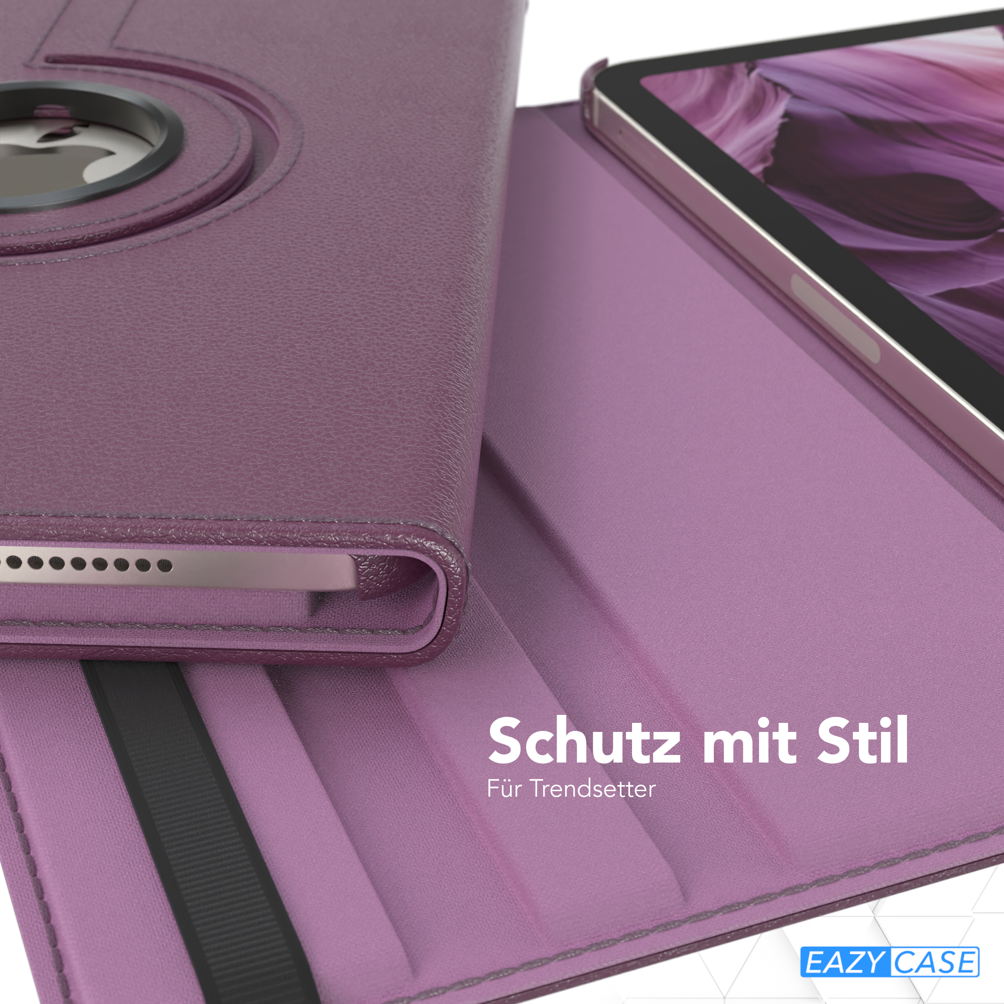 Lila Tablethülle, geöffnet, mit einem Tablet darin, zeigt die Rückseite der Hülle.
