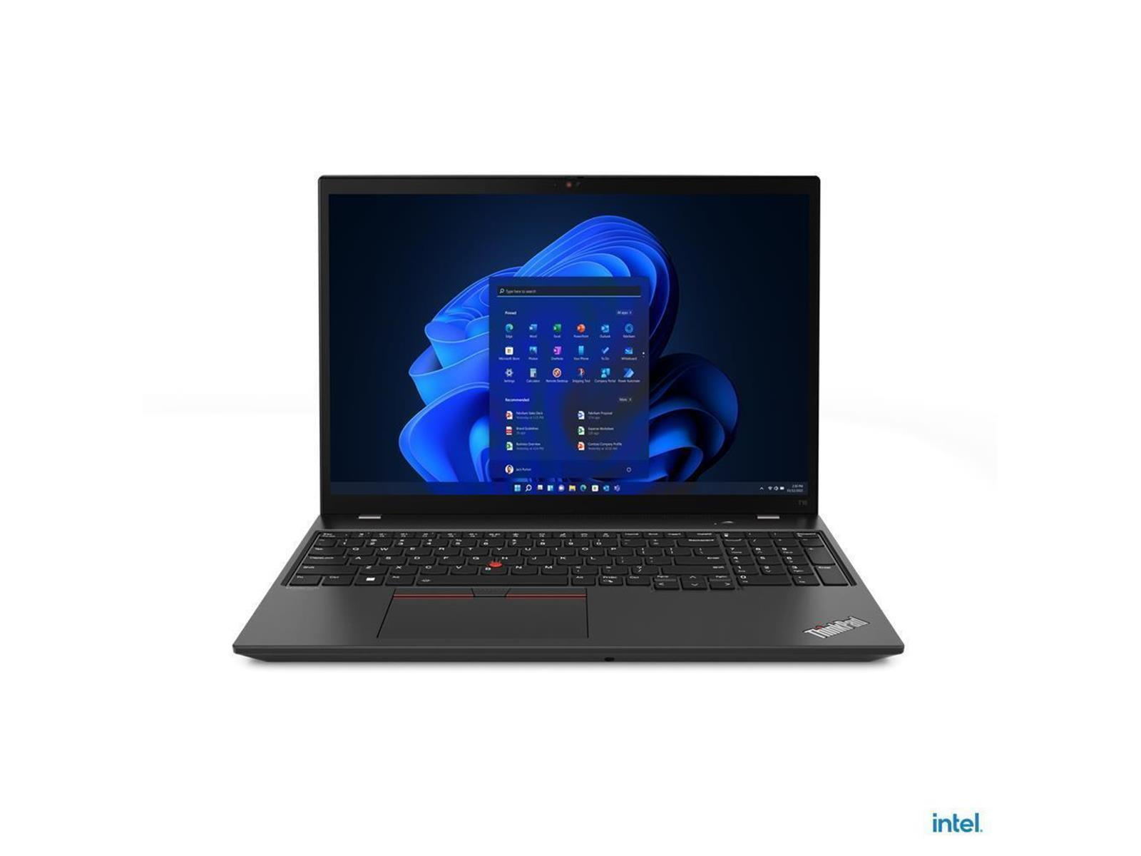 Schwarzer Laptop, geöffnet, zeigt den Windows 11 Startbildschirm, weißer Hintergrund, Intel-Logo.