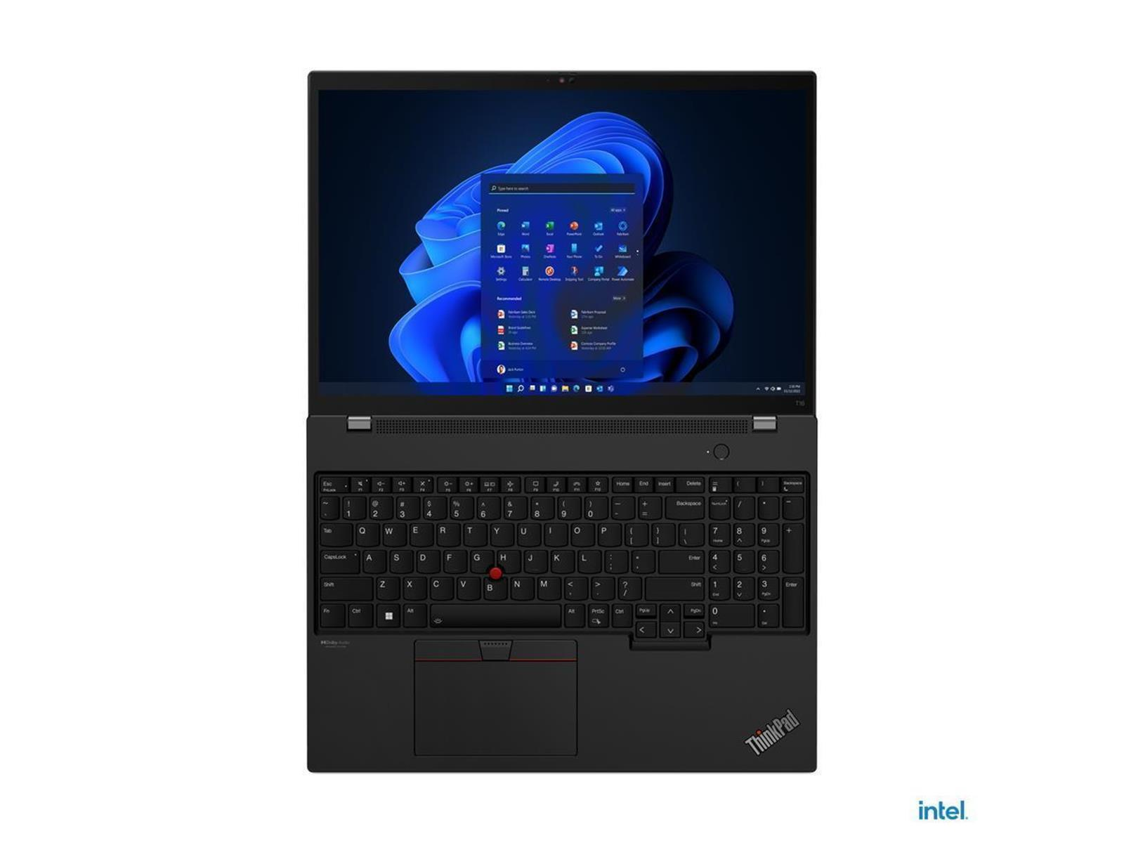 Schwarzer Laptop, Draufsicht. Tastatur, Trackpad und Display mit Windows 11-Oberfläche.