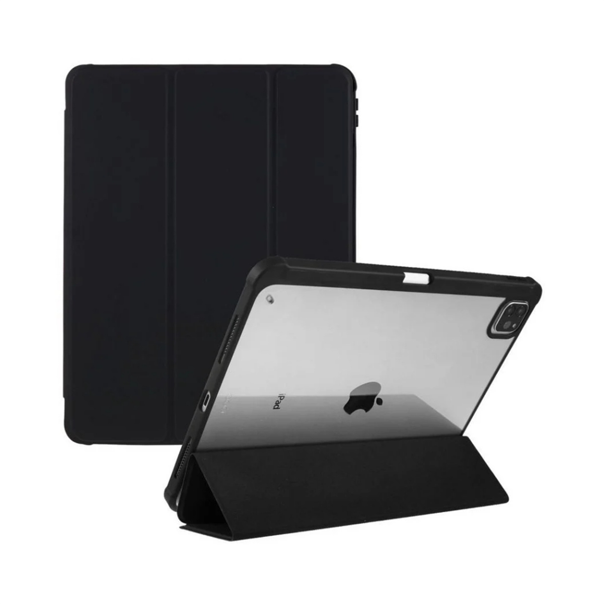 Schwarze iPad-Hülle, eine geschlossen und eine geöffnet, zeigt das iPad.
