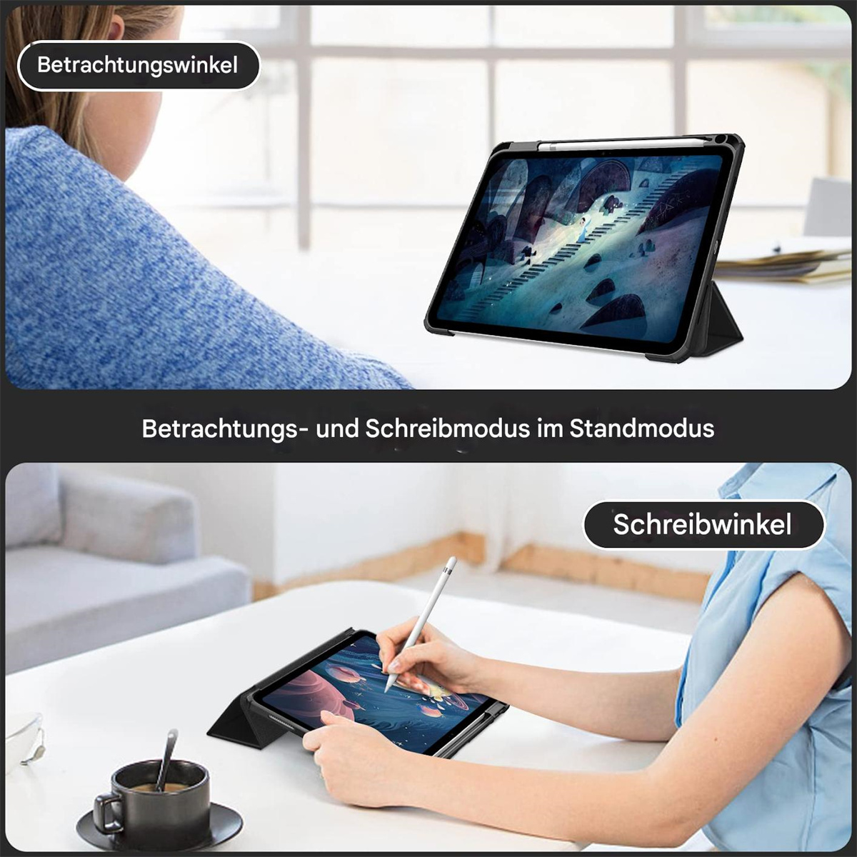 Frau benutzt Tablet mit Hülle. Anderes Tablet zeigt zwei Modi: Ansicht und Schreiben.