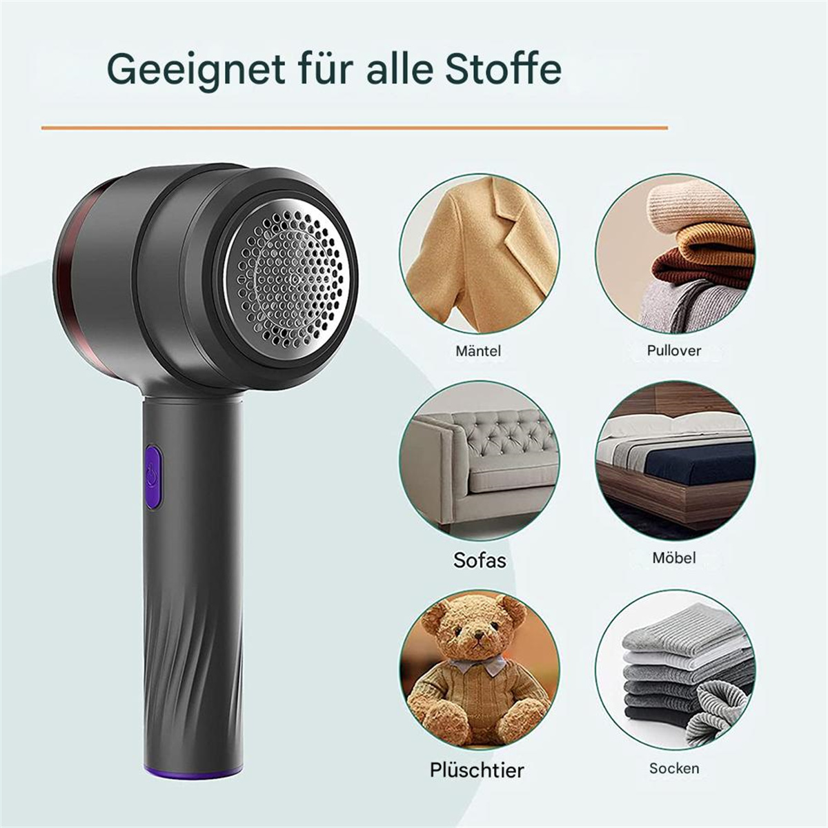 Schwarzer Stoffrasierer mit Kleidung und Teddybär auf weißem Hintergrund.