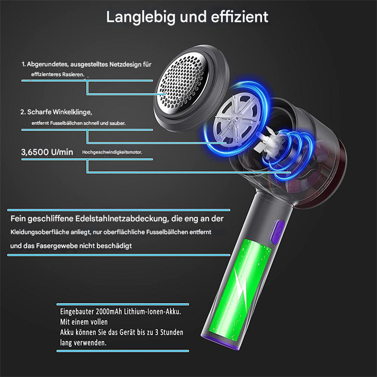 Ein schwarzer Soundbar-Lautsprecher mit blauen Lichtern an den Enden sowie Nahaufnahmen von Eingängen und Bedienelementen.