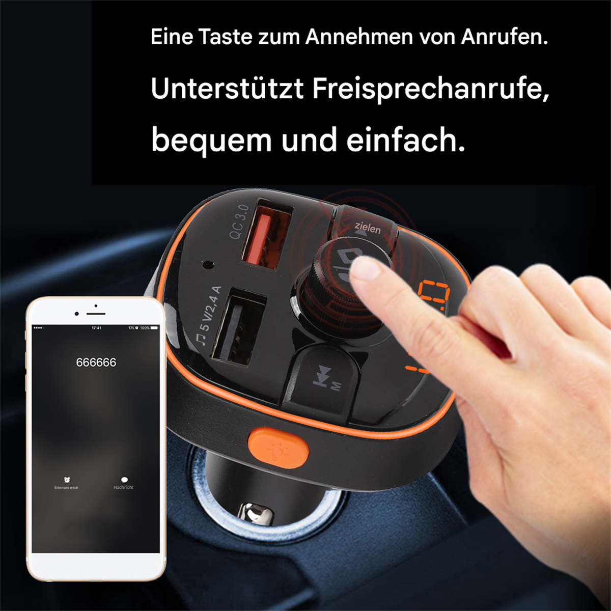 Ein Autoladegerät mit Telefon und Text auf dem Bildschirm. Eine Hand zeigt darauf.
