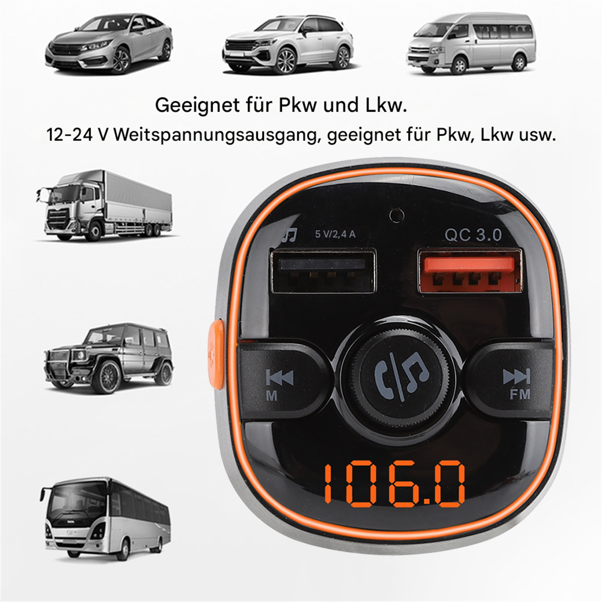 Ein schwarzes und oranges Autoladegerät mit Display und verschiedenen Fahrzeugillustrationen.