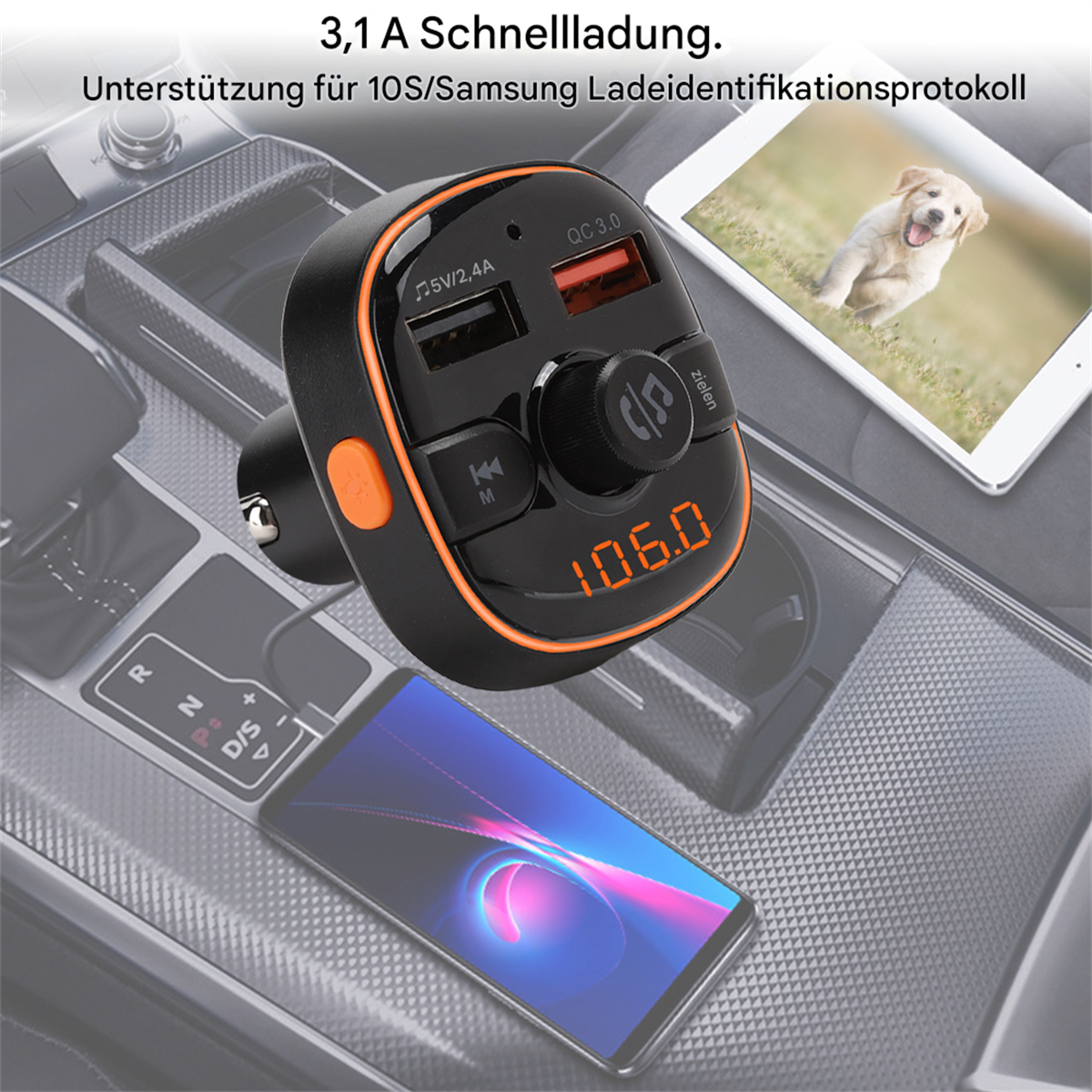Autoladegerät mit USB-Anschlüssen, einem Telefon und einem Tablet mit Hundefoto.