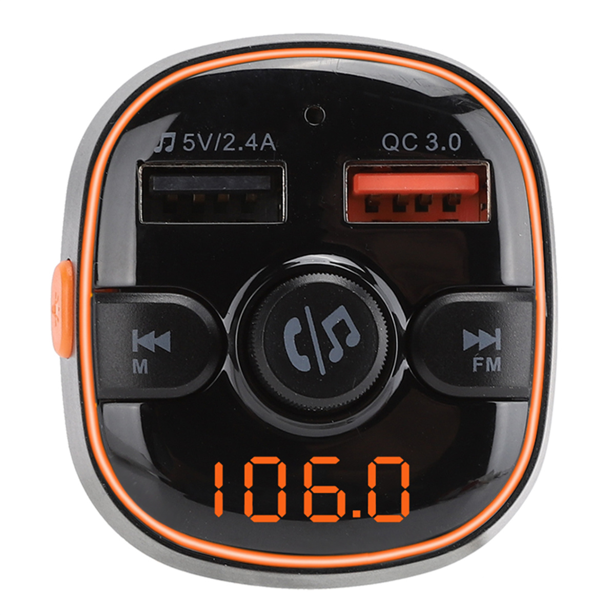 Ein schwarzes und orangefarbenes Autoladegerät mit USB-Anschlüssen und einer Digitalanzeige.