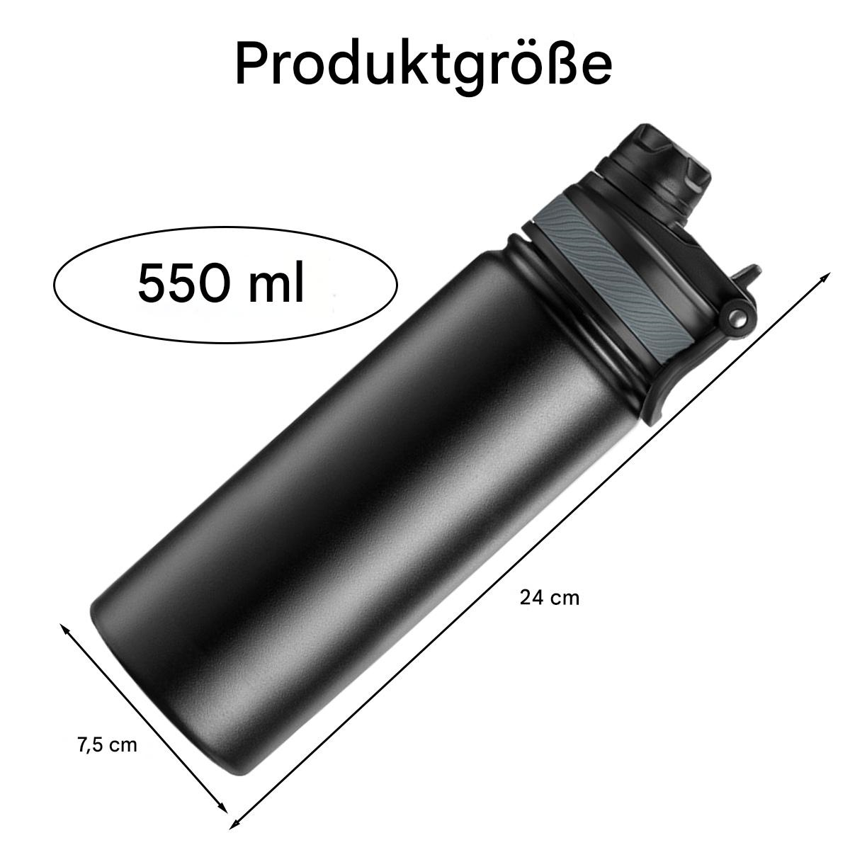 Schwarze Wasserflasche mit Größen- und Maßangaben in cm und ml.