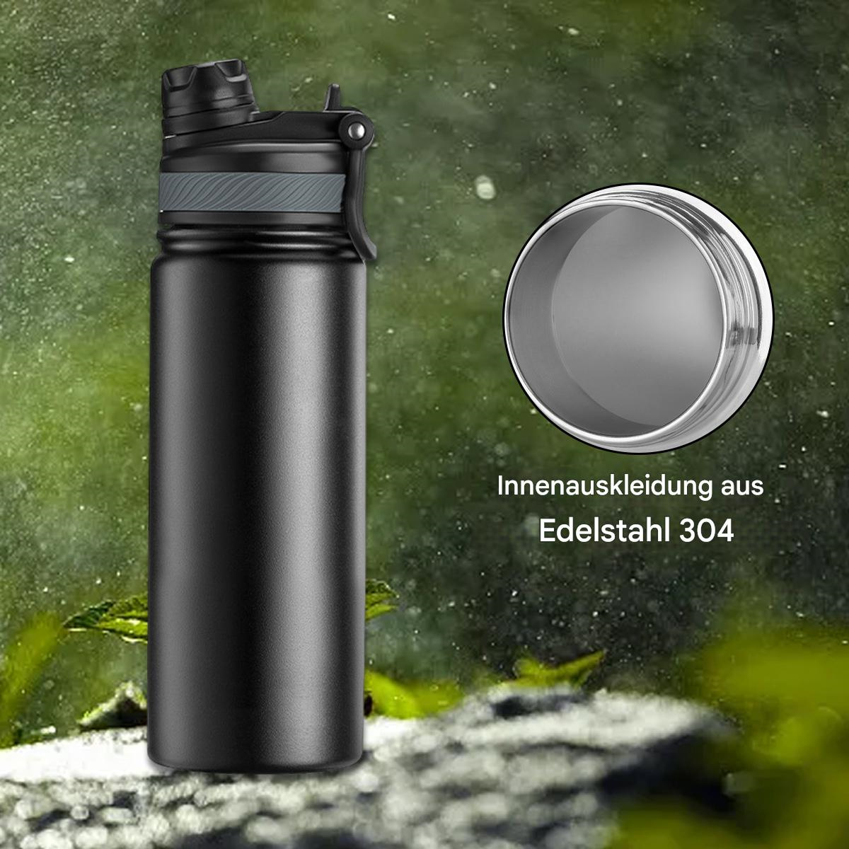 Schwarze Wasserflasche mit Deckel und offenem Bereich, der Edelstahl-Innenraum zeigt.
