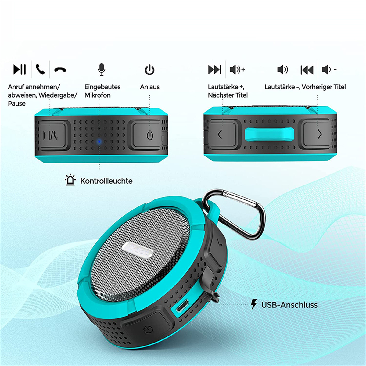 Blau-schwarzer Lautsprecher mit Knöpfen und USB-Anschluss, mit Karabiner.