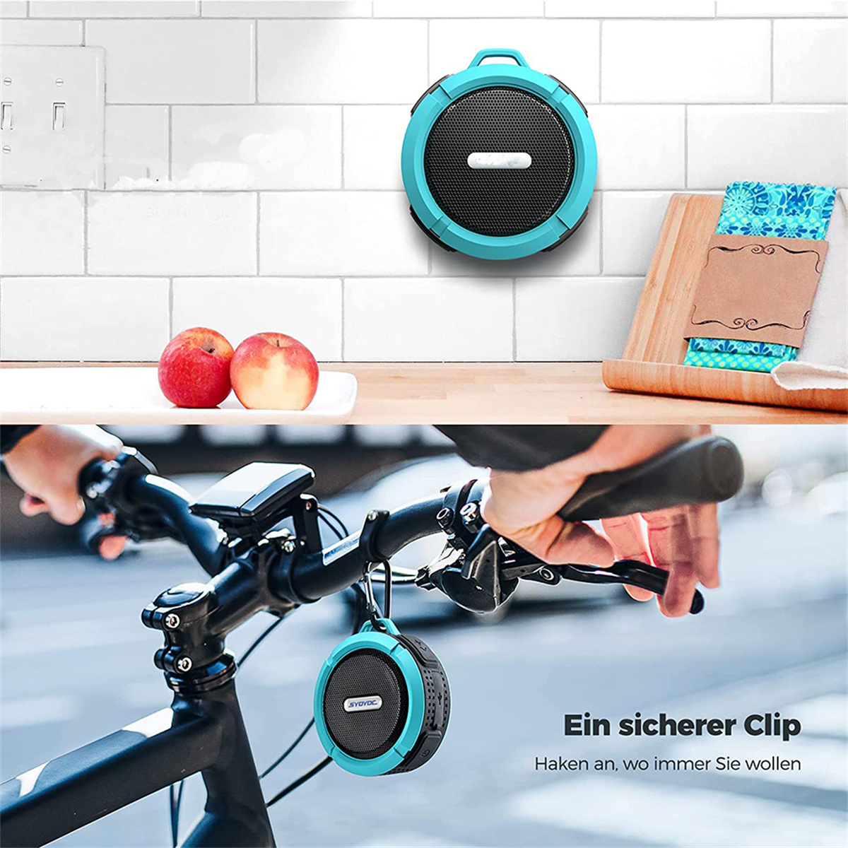 Blauer tragbarer Lautsprecher an einem Fahrrad und an einer Wand. Äpfel und ein Holzhalter sind vorhanden.