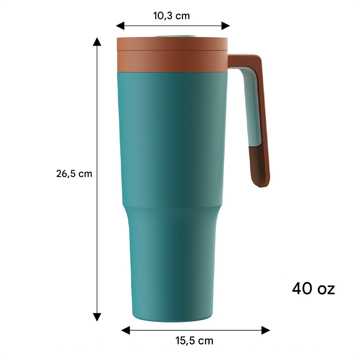 Großer türkisfarbener und brauner Becher mit Maßangaben. Hält 40 oz Flüssigkeit.
