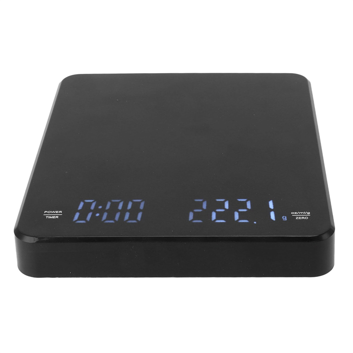 Schwarze digitale Küchenwaage mit Timer und Gewicht.