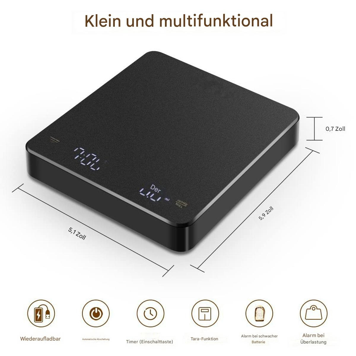 Schwarze Digitalwaage mit angezeigten Messungen, einschließlich Timer und Ladeanzeige.