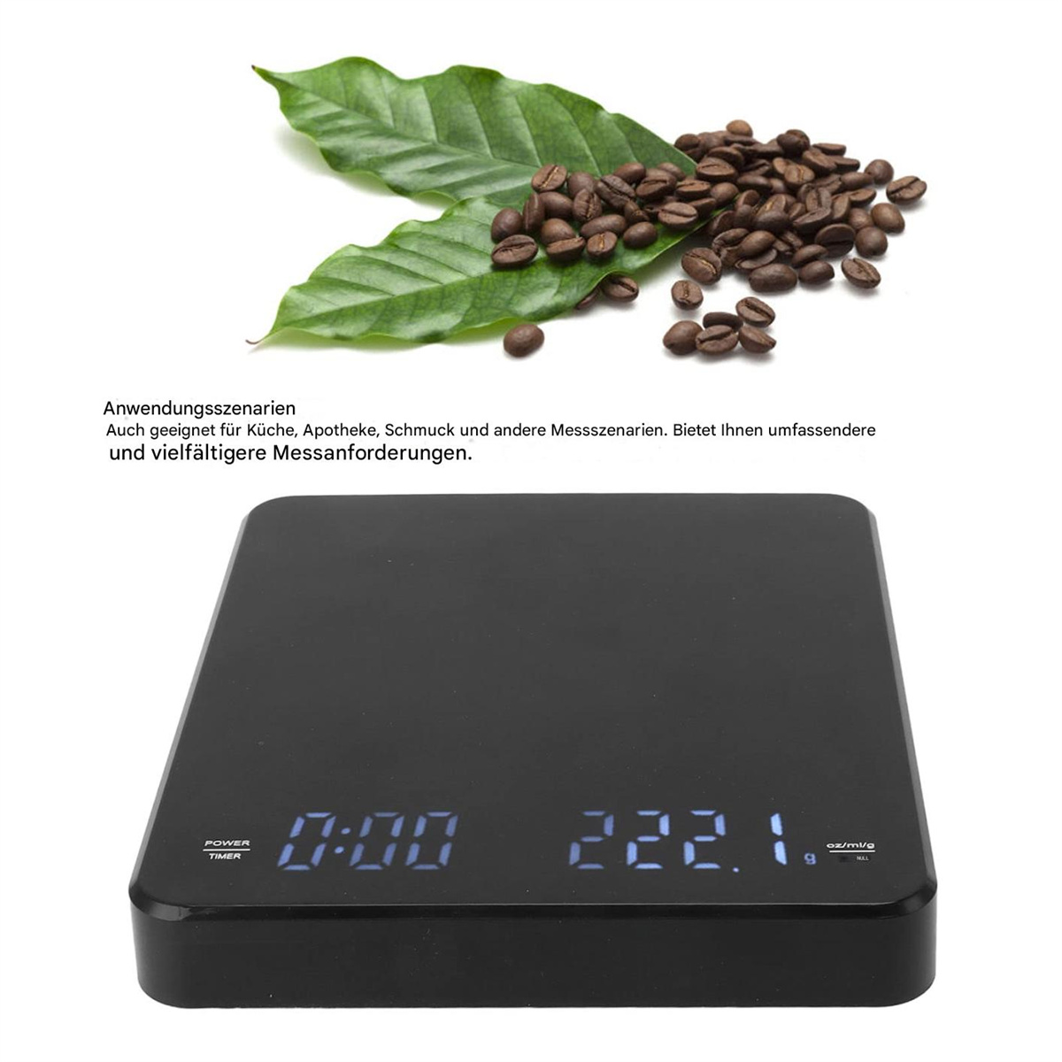 Eine schwarze Waage mit Kaffeebohnen und grünen Blättern darüber. Text auf Deutsch.