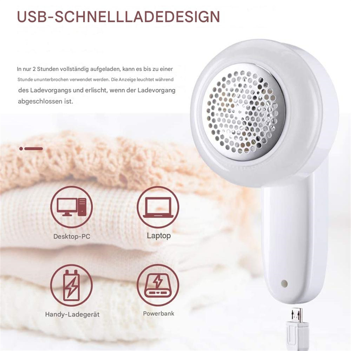 Ein weißer Fusselentferner mit zylindrischem Körper und einem Maschenkopf, neben einem verschwommenen Hintergrund von Kleidung.