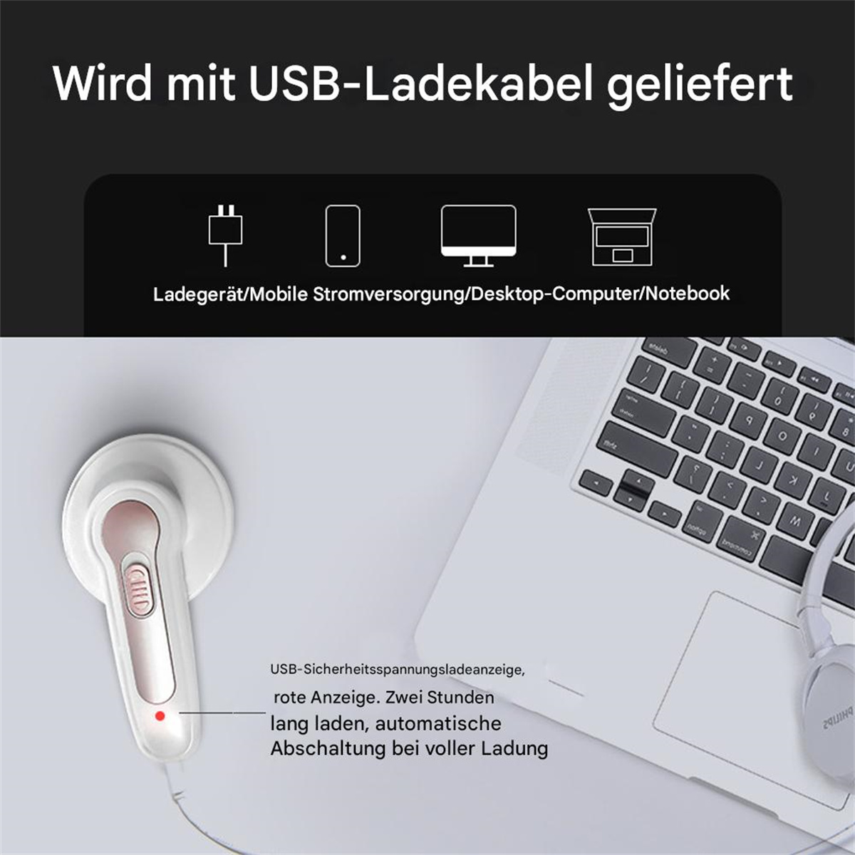 Ein Bild zeigt ein weißes Headset mit rosa Pad, einen Laptop und Icons zur Stromversorgung.
