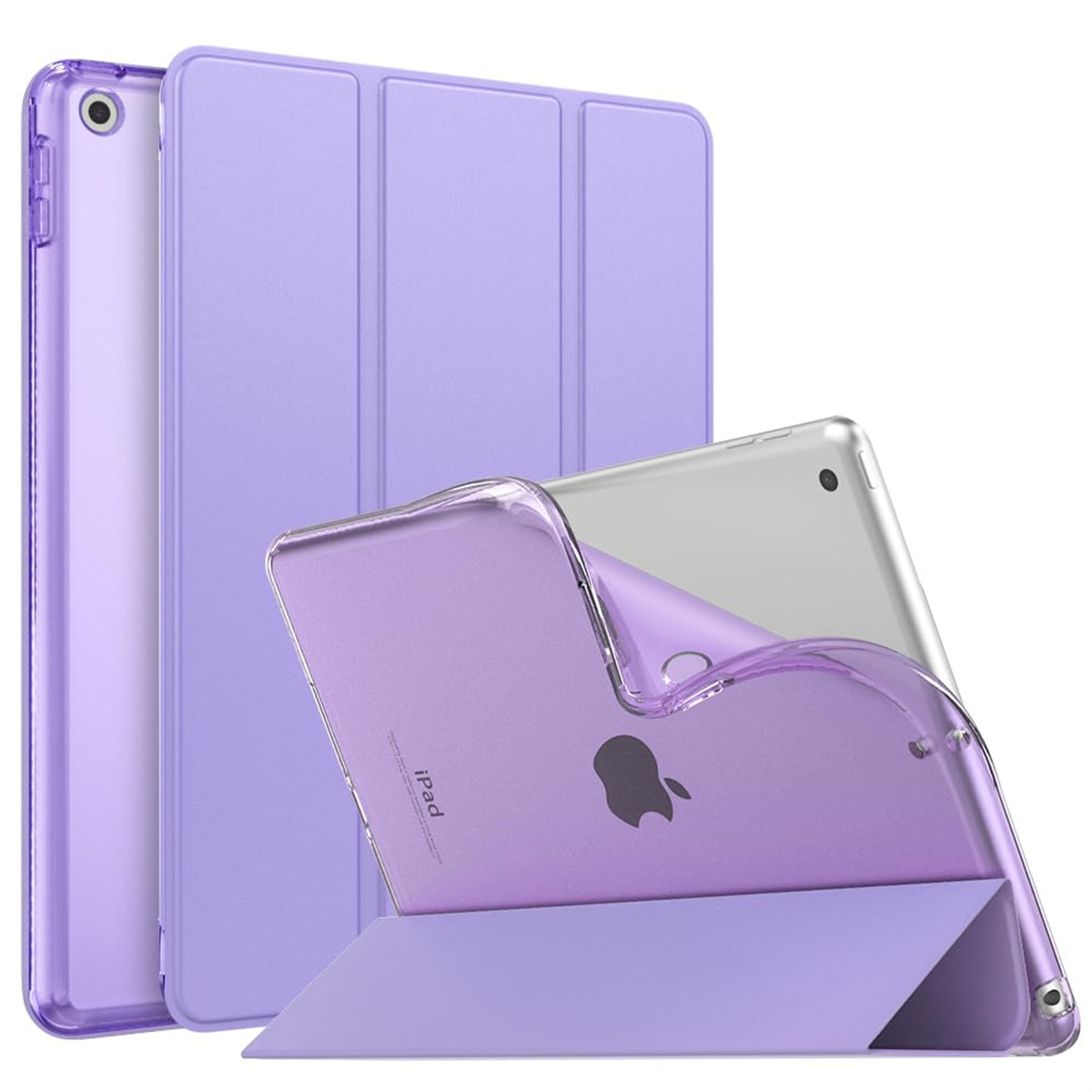 Ein lila iPad in einer Klapphülle wird auf einer weißen Oberfläche gezeigt.