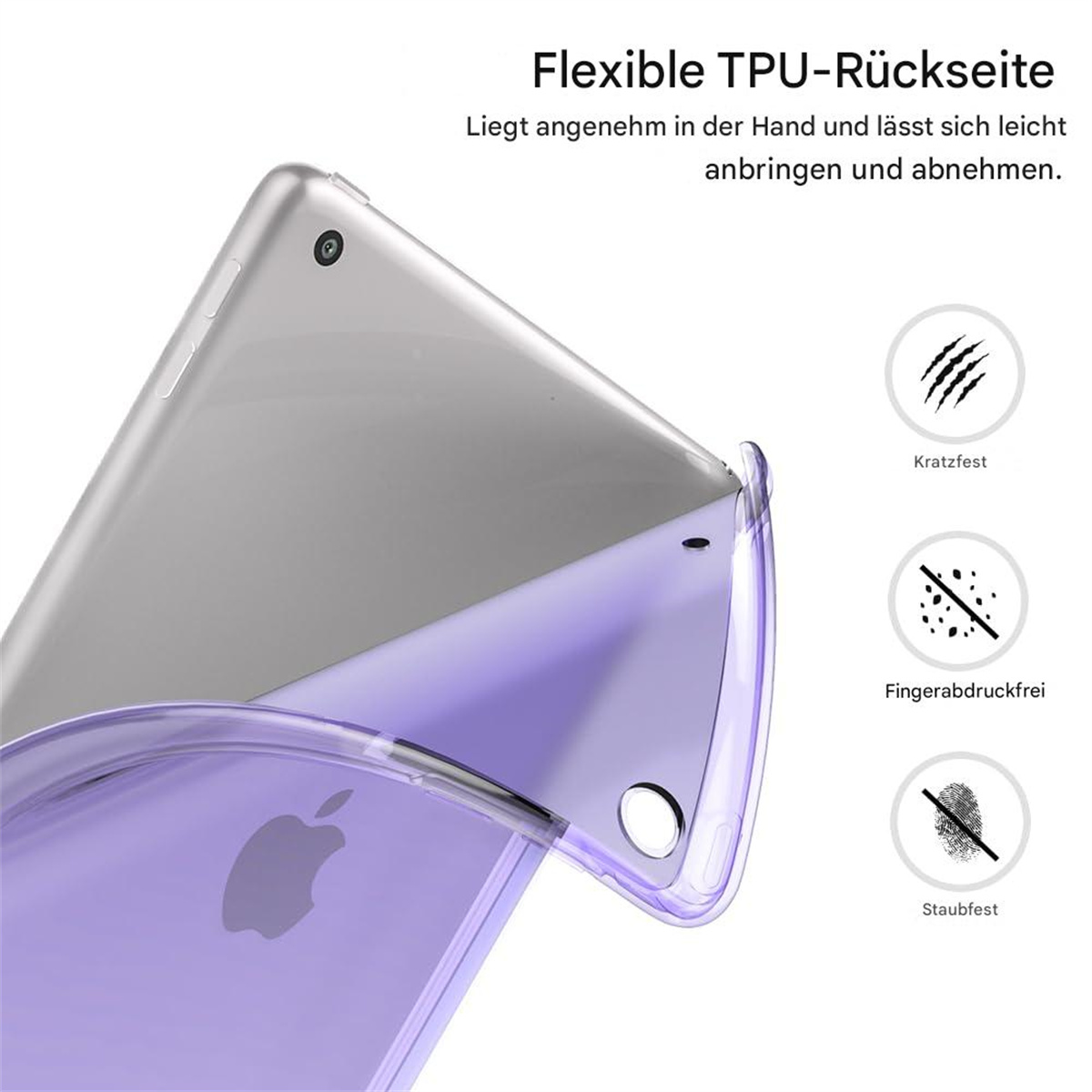 Eine klare, lila Tablethülle um ein silbernes Tablet, mit Grafiken zur Kratz-, Flecken- und Staubresistenz.