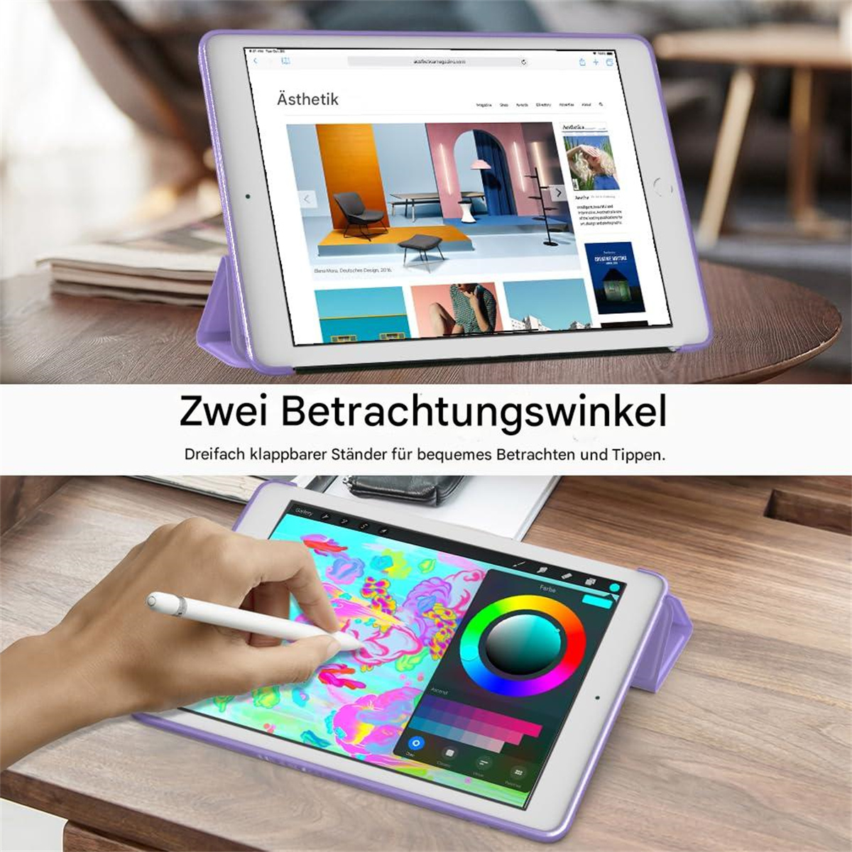 Lila Tablet in einer Hülle mit weißem Bildschirm. Eine Hand benutzt einen Stift auf dem Bildschirm.