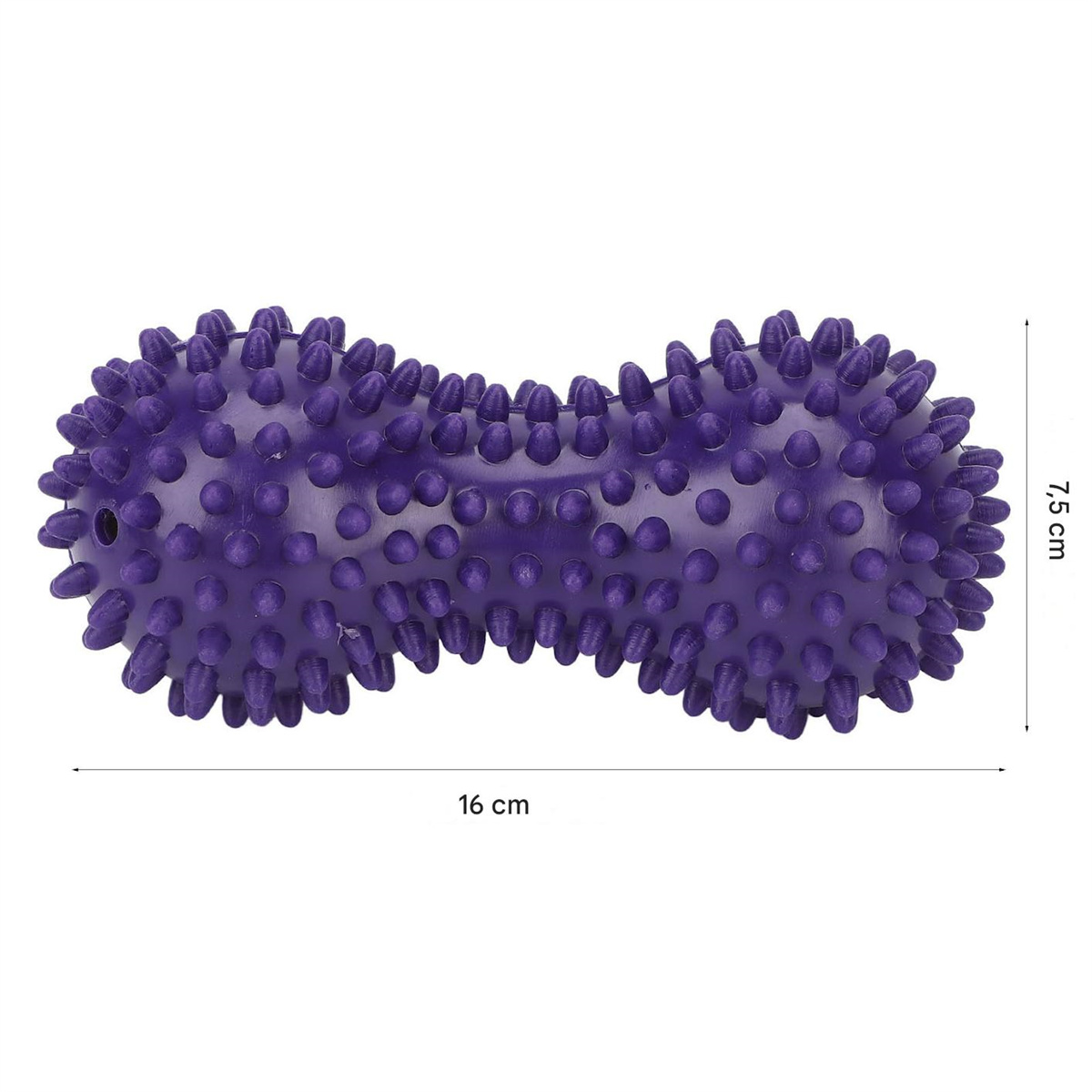 Lila stachelige Massagerolle. 16 cm lang, 7,5 cm hoch. Weißer Hintergrund.