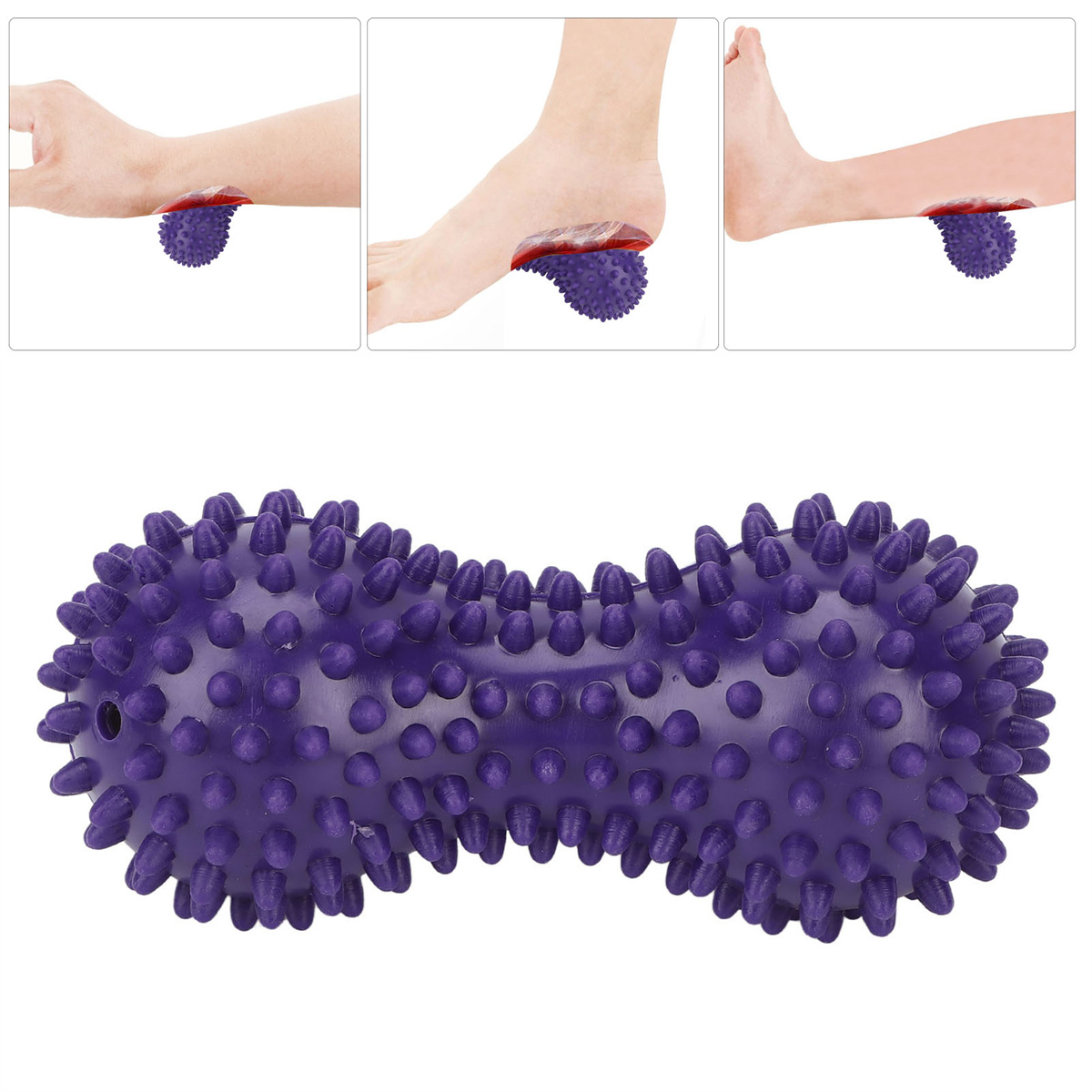 Drei Bilder zeigen einen violetten Massageball unter einer Hand, einem Fuß und einem Bein. Er lindert Muskelverspannungen.