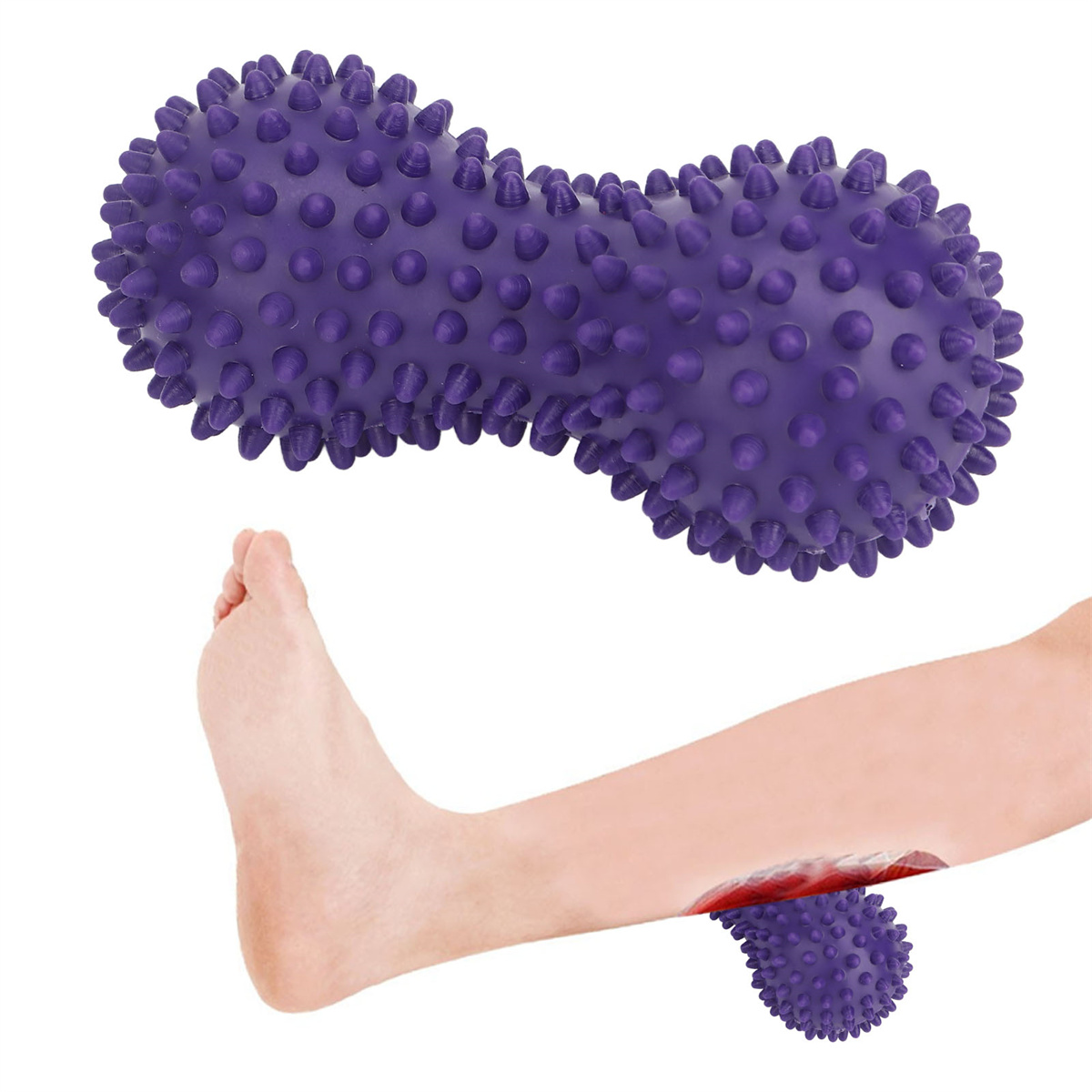 Eine lilafarbene Massagerolle befindet sich auf einem Bein, der Fuß einer Person ist sichtbar. Es wird zur Massage verwendet.