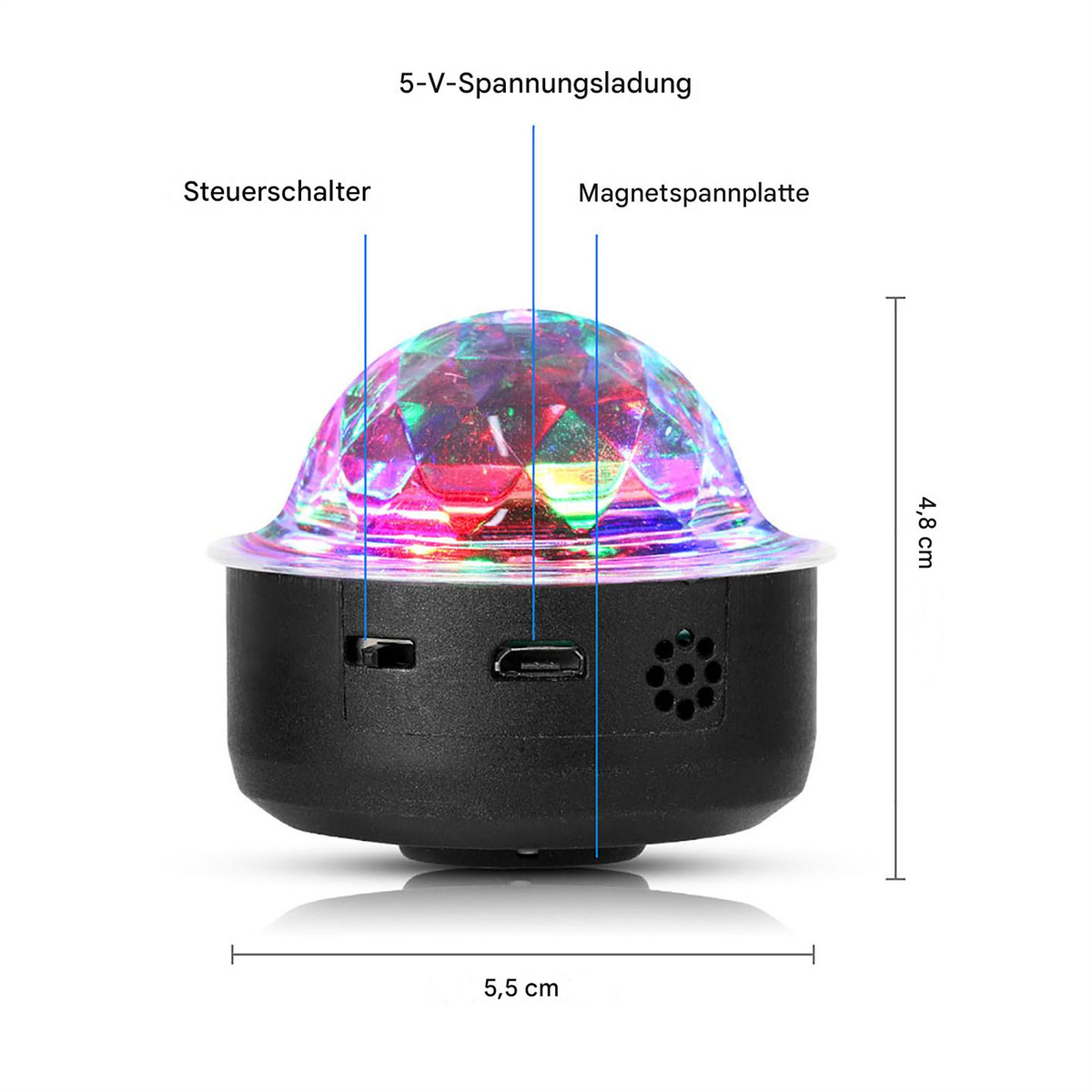 Diskokugel-Licht mit Beschriftungen, zeigt Maße und Funktionen vor weißem Hintergrund.