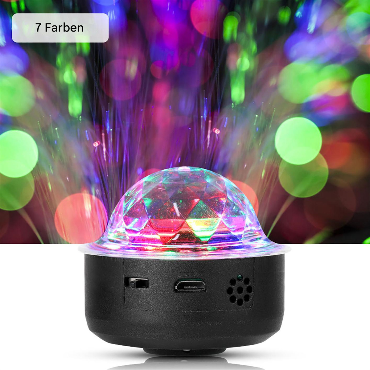 Eine Diskokugel-förmige Lampe mit bunten Lichtern. Sie hat einen schwarzen Sockel und eine transparente Kuppel.