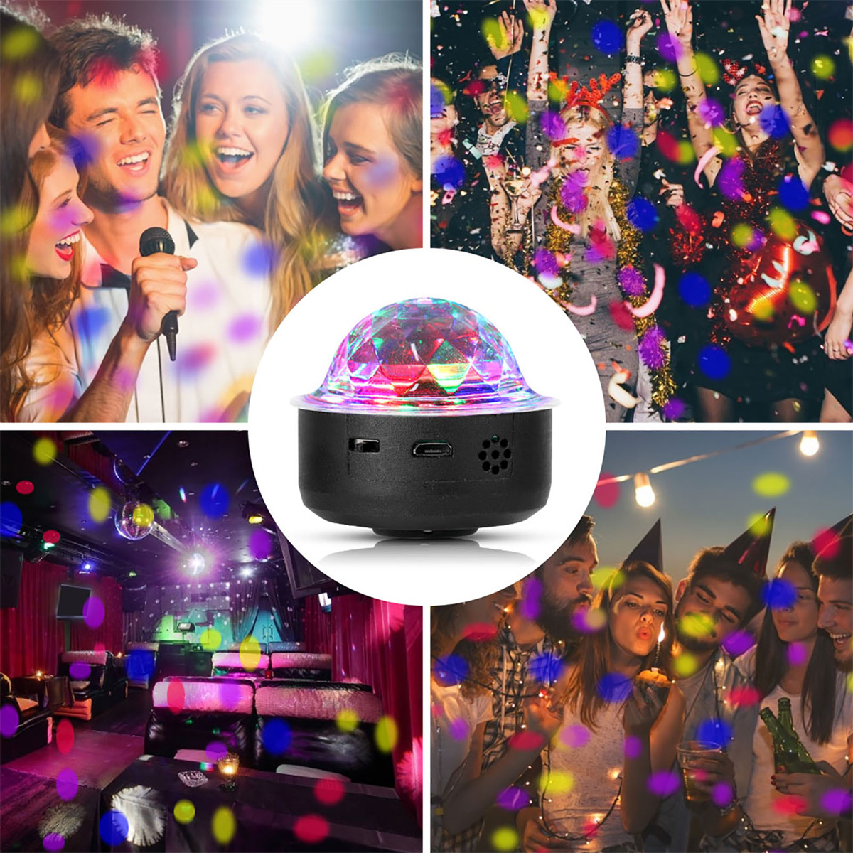 Eine Discokugel mit Lichtern und Menschen, die in verschiedenen Szenen eine Party genießen.