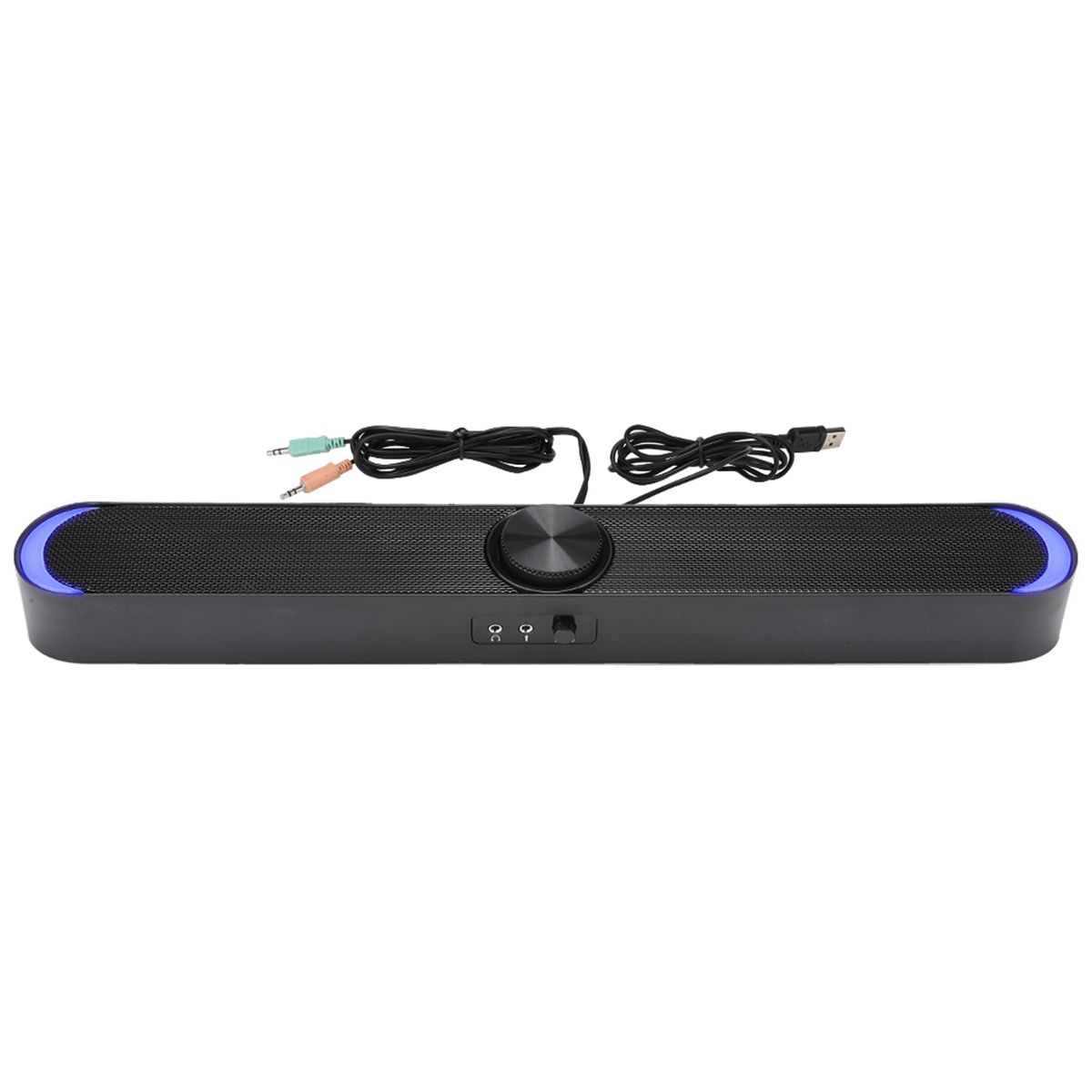 Schwarze Soundbar mit blauen Lichtern an den Enden, einem Lautstärkeregler und Kabeln.