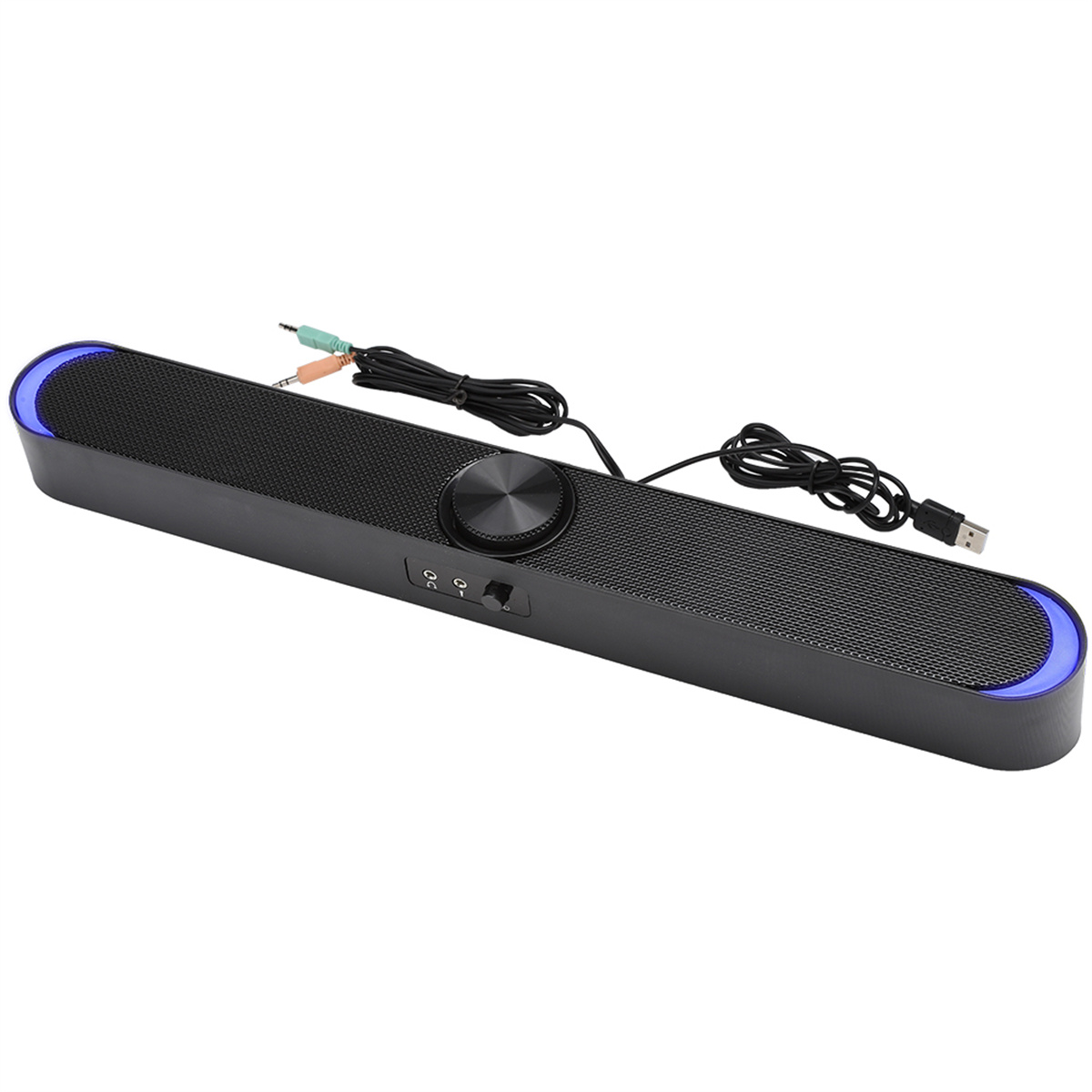 Schwarzer Soundbar-Lautsprecher mit blauen Enden, Lautstärkeregler und Eingangskabeln.