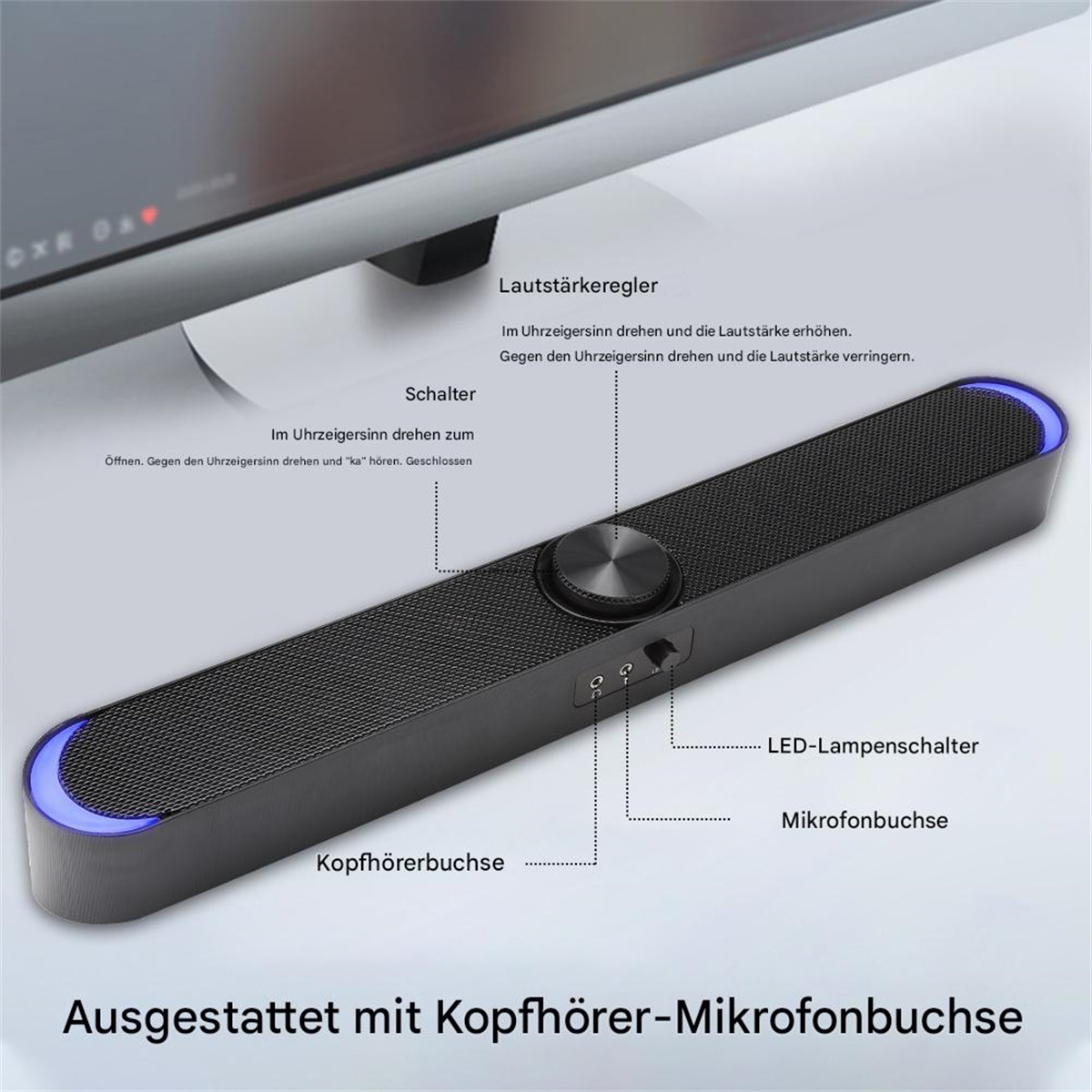 Schwarzer Lautsprecher mit Lautstärkeregler, Anschlüssen und blauen Lichtakzenten.
