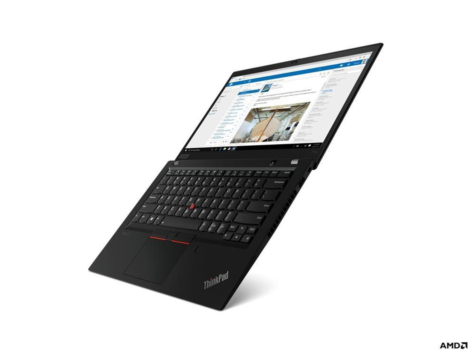 Ein schwarzes ThinkPad-Laptop auf einer weißen Oberfläche, leicht geöffnet. Der Bildschirm zeigt ein Dokument.
