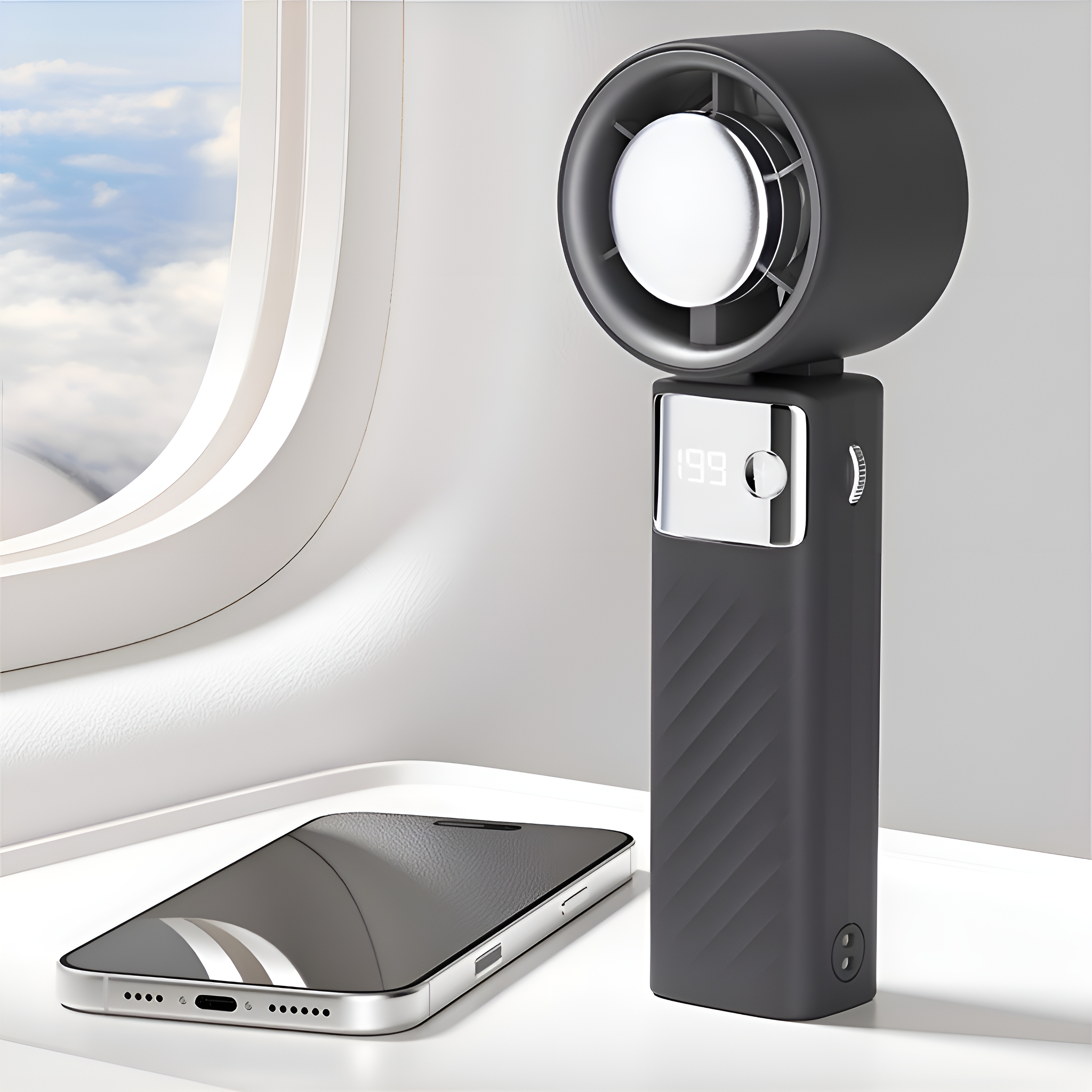 Ein schwarzer tragbarer Ventilator mit LCD-Bildschirm und ein Smartphone auf weißer Oberfläche.