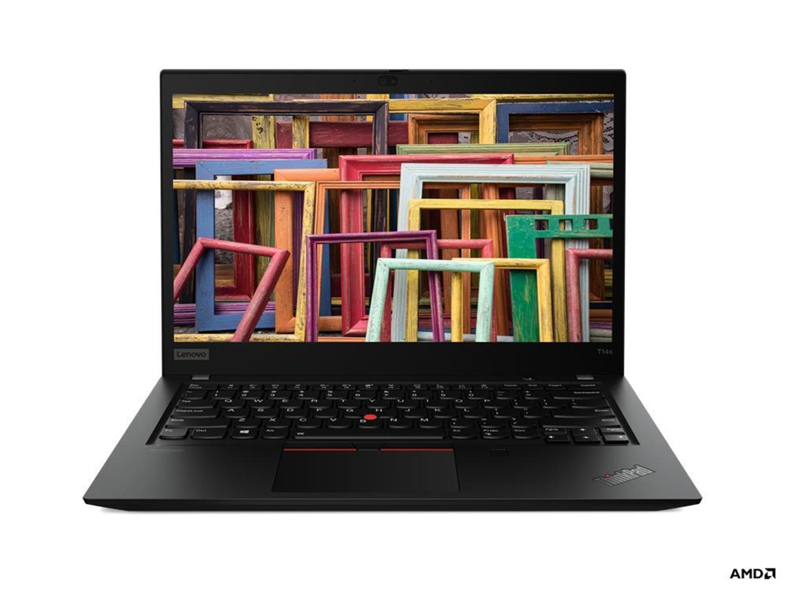 Ein Lenovo ThinkPad Laptop, geöffnet auf weißer Oberfläche, zeigt einen Bildschirm voller bunter Bilderrahmen.