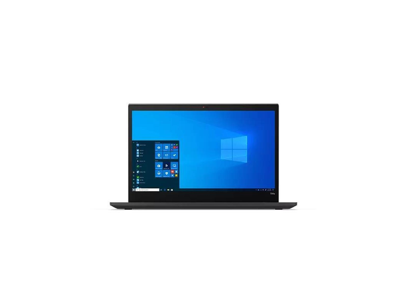 Ein schwarzer Lenovo-Laptop auf weißem Hintergrund. Der Bildschirm zeigt den Windows-Desktop.