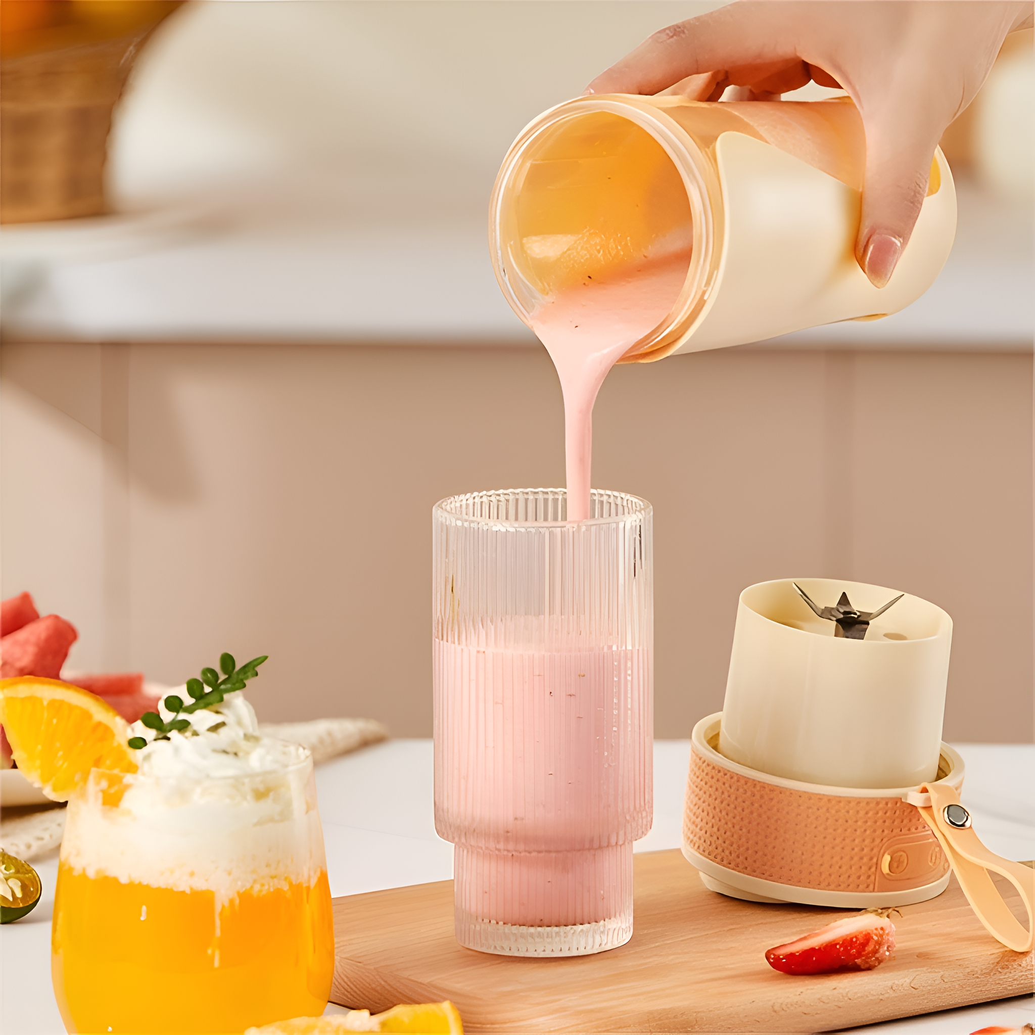 Eine Person gießt einen rosa Smoothie aus einem Mixer in ein klares Glas auf einem Holzbrett.