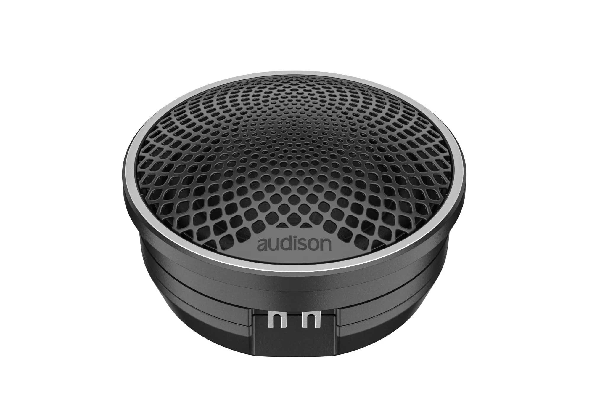 Schwarzer Audison Lautsprecher mit rundem Design, Mesh-Gitter und Silberring.