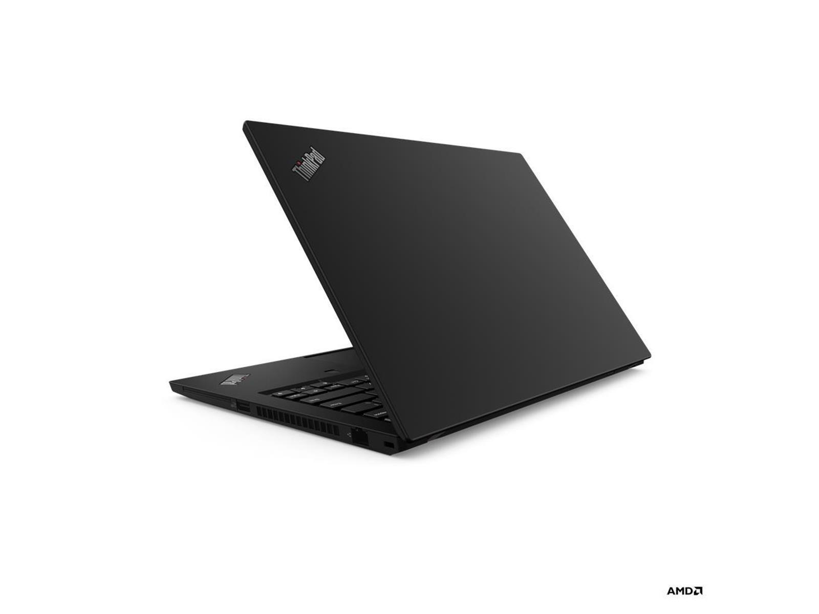 Ein schwarzes ThinkPad-Laptop ist leicht geöffnet auf weißem Hintergrund. Das ThinkPad-Logo ist auf dem Deckel.
