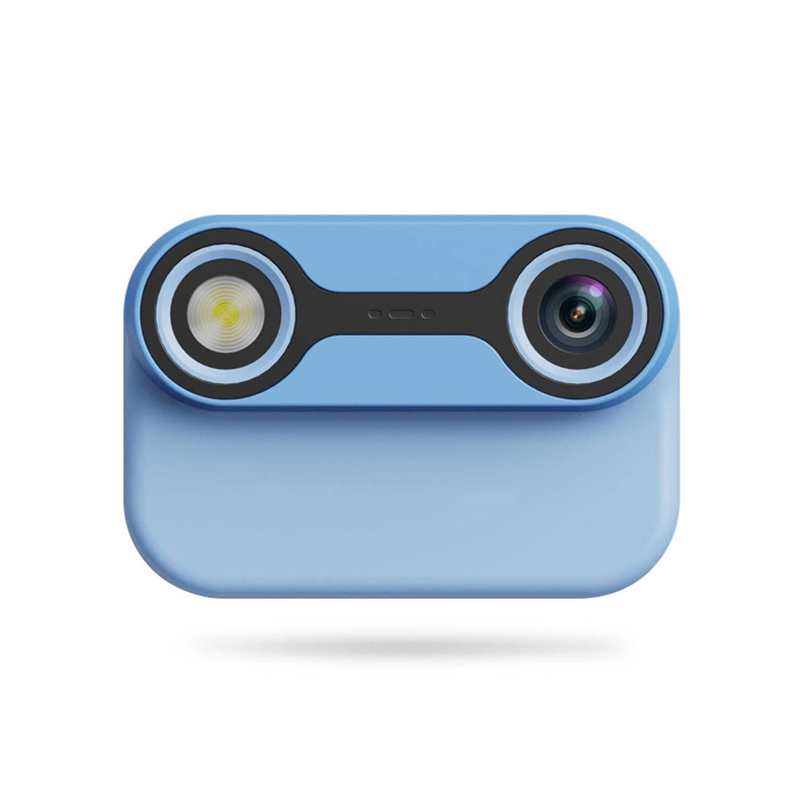 Eine blaue Kamera mit zwei Objektiven wird gezeigt, minimalistisch gestaltet.