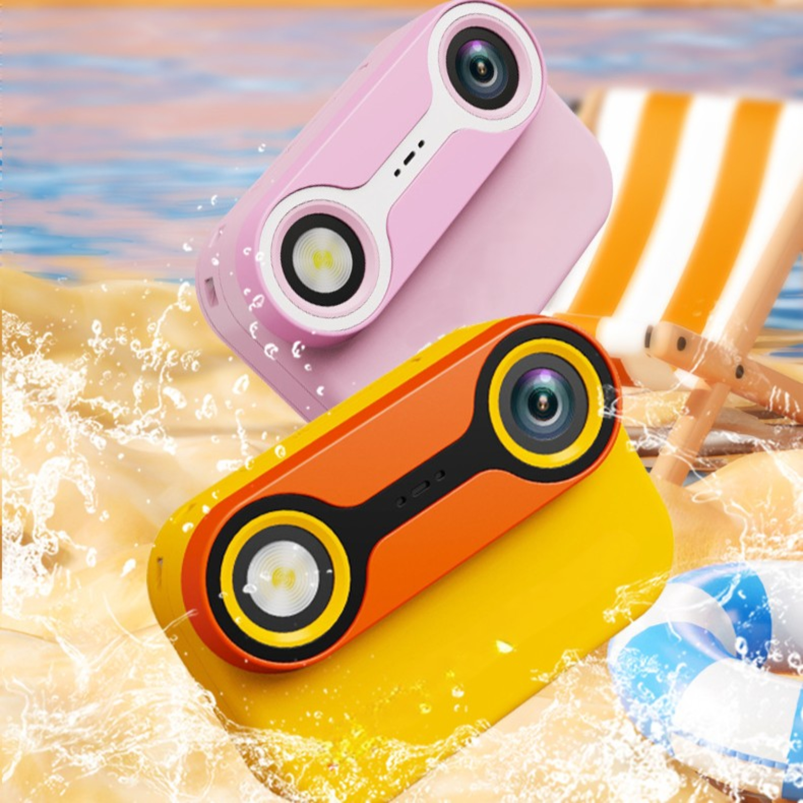 Zwei wasserdichte Action-Kameras in Pink und Orange. Eine Strandszene, Wasserspritzer und ein Stuhl.