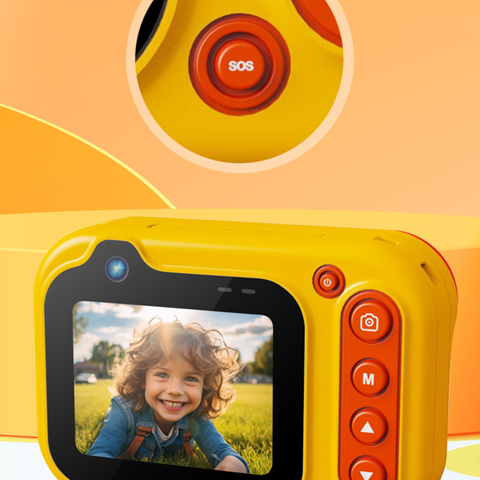 Eine gelbe Kinderkamera mit einem lächelnden Kind auf dem Bildschirm.