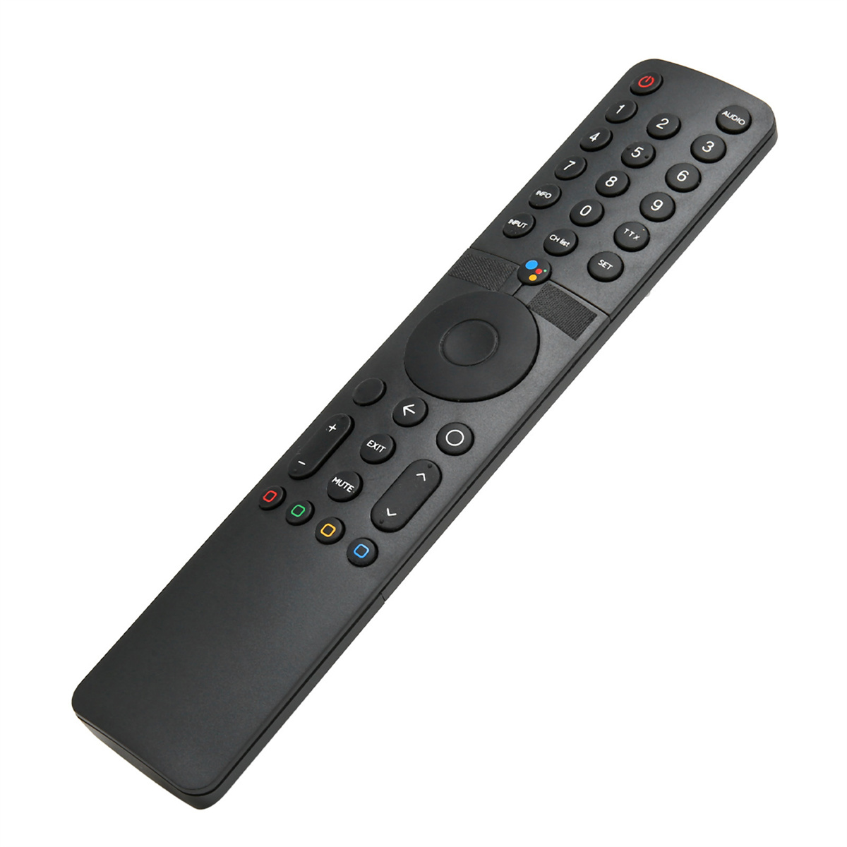 Eine schwarze TV-Fernbedienung mit verschiedenen Tasten auf der Oberfläche.