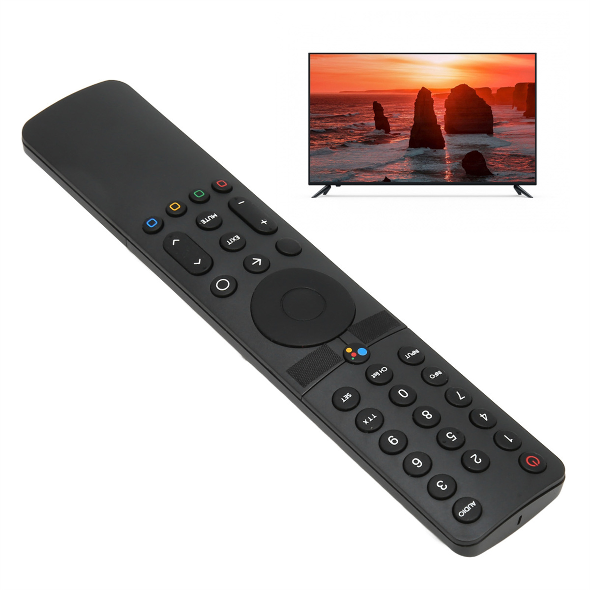 Schwarze TV-Fernbedienung mit einem Fernseher und einem Seelandschaftsbild im Hintergrund.