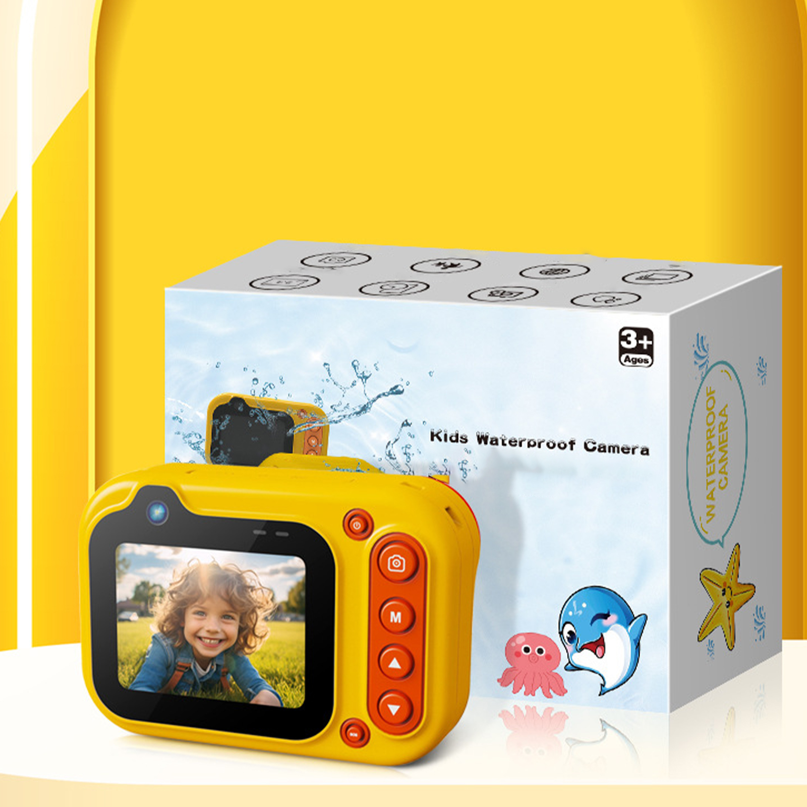 Gelbe wasserdichte Kinderkamera mit Box und Bild eines Kindes auf dem Bildschirm.