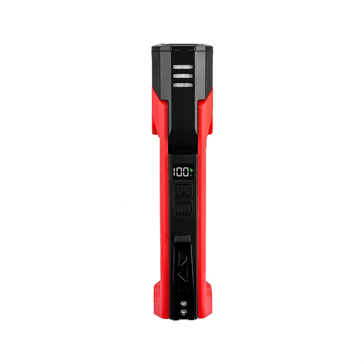 Rotes und schwarzes Gerät mit Bildschirm, der 100% anzeigt. Knöpfe und Logo sichtbar.