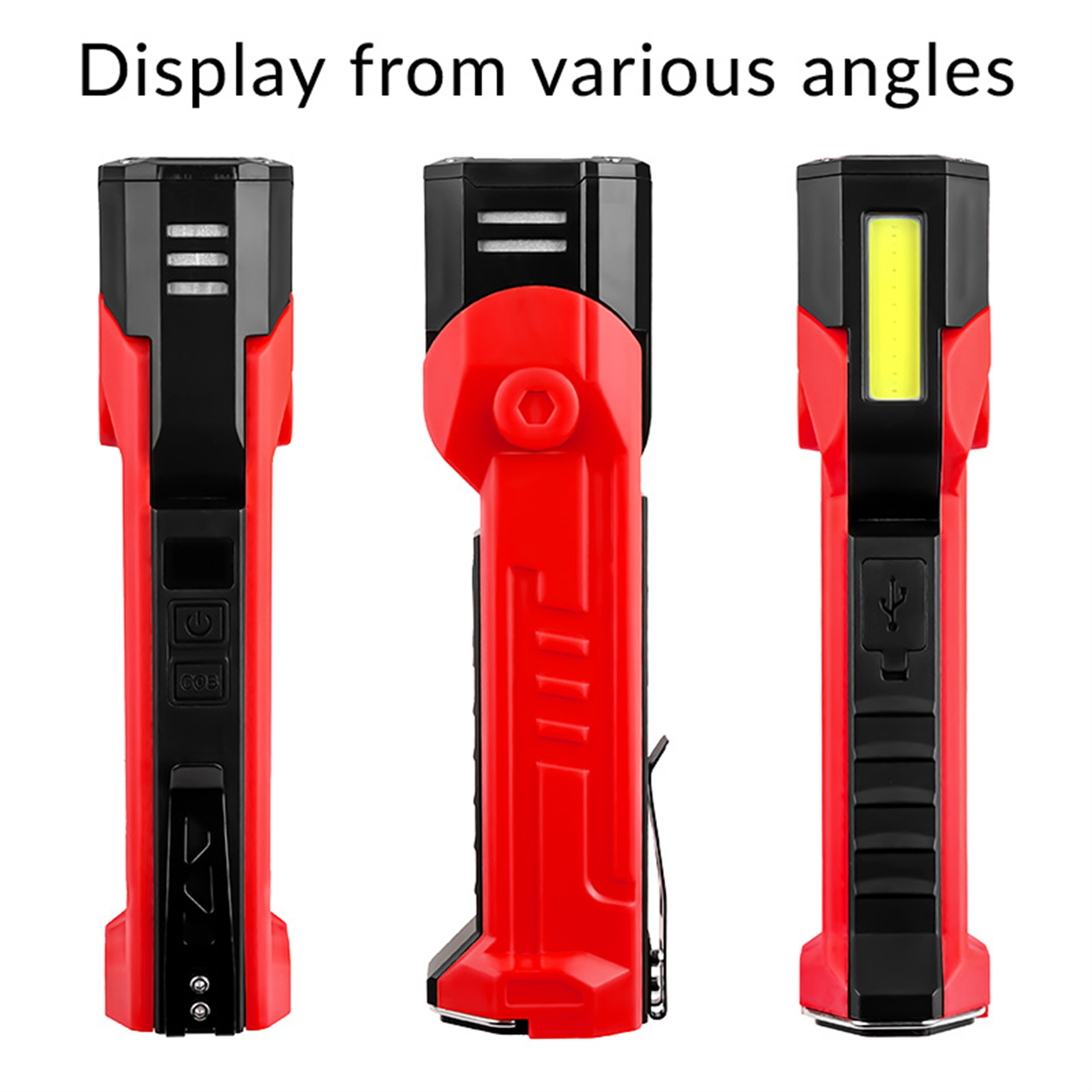 Drei Ansichten einer rot-schwarzen Taschenlampe. Text: Anzeige aus verschiedenen Winkeln.