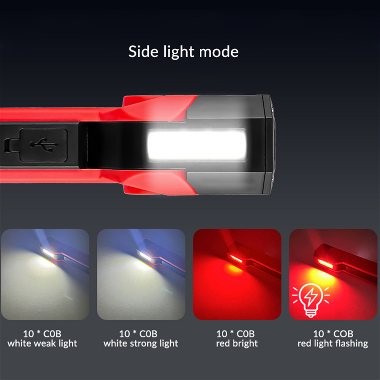 Schwarze und rote Taschenlampe mit mehreren Lichtmodi: weiß, rot und blinkendes Rot.