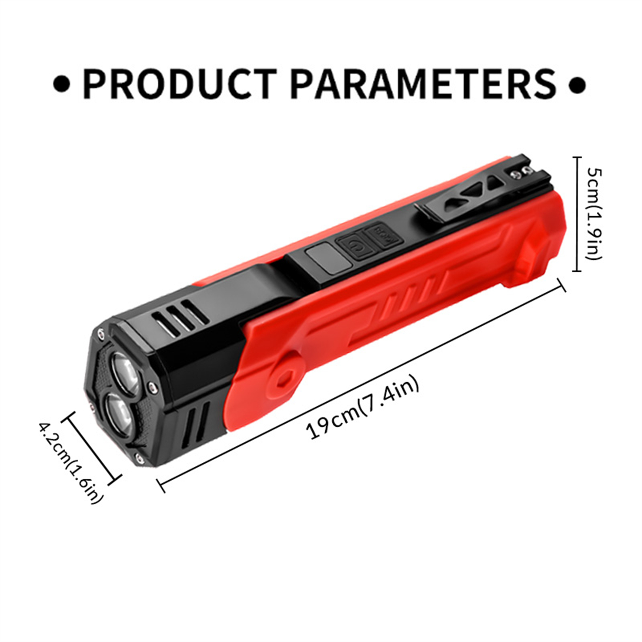 Eine rot-schwarze Taschenlampe mit Produktparametern und angegebenen Abmessungen.